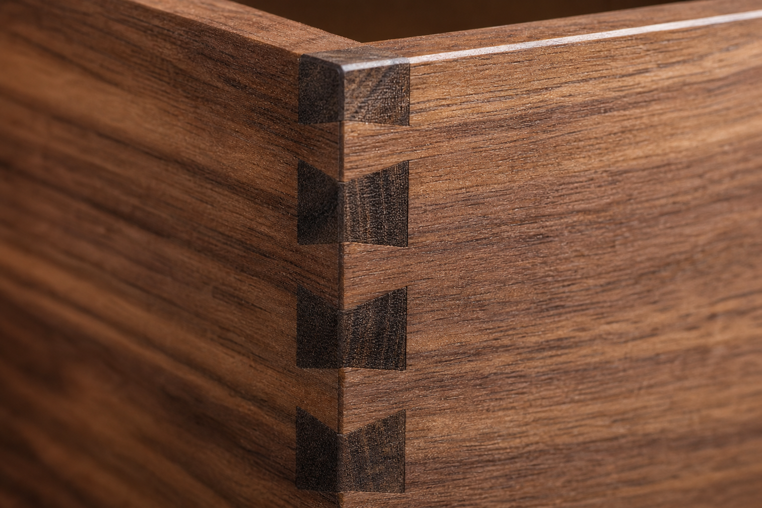 Close-up of hand-cut dovetail joinery in walnut wood