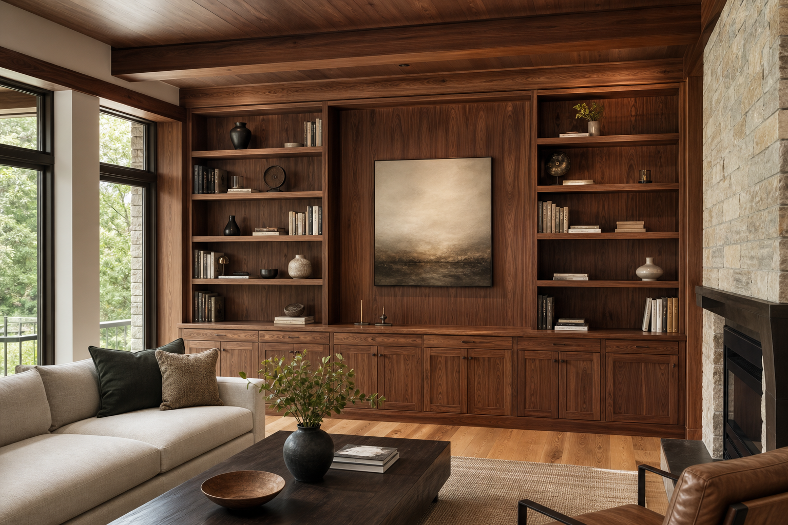 Custom built-in walnut bookshelf and millwork in a Minneapolis living room
